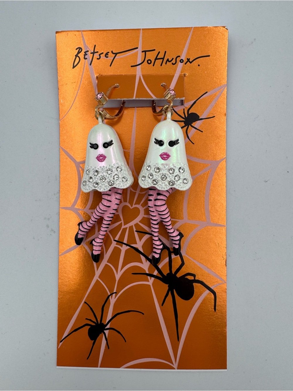 Betsey Johnson Halloween Ghost Girl Dangle Earrings Pink Rhinestone NEW